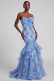 Blue Mermaid Strapless Ruffled Floral Appliques Organza Ball Dress with Bow