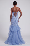 Blue Mermaid Strapless Ruffled Floral Appliques Organza Ball Dress with Bow