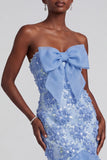 Blue Mermaid Strapless Ruffled Floral Appliques Organza Ball Dress with Bow