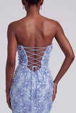 Blue Mermaid Strapless Ruffled Floral Appliques Organza Ball Dress with Bow