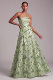 Green A-Line Strapless Sequins Floral Embroidered Ball Dress with Lace Up Back