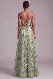 Green A-Line Strapless Sequins Floral Embroidered Ball Dress with Lace Up Back
