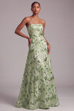 Green A-Line Strapless Sequins Floral Embroidered Ball Dress with Lace Up Back