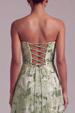 Green A-Line Strapless Sequins Floral Embroidered Ball Dress with Lace Up Back