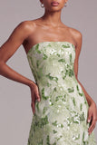 Green A-Line Strapless Sequins Floral Embroidered Ball Dress with Lace Up Back