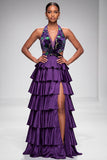 Purple Halter Cut Out Tiered Ruffled Satin Velvet Long Ball Dress with Slit