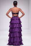 Purple Halter Cut Out Tiered Ruffled Satin Velvet Long Ball Dress with Slit