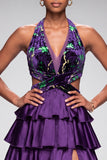 Purple Halter Cut Out Tiered Ruffled Satin Velvet Long Ball Dress with Slit