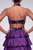 Purple Halter Cut Out Tiered Ruffled Satin Velvet Long Ball Dress with Slit