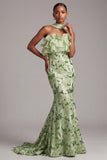 Green Mermaid Strapless Ruffled Long Ball Dress with Sequins