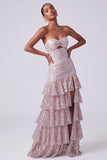 Blush Sequins Strapless Tiered Ruffled Keyhole Long Ball Dress with Side Slit