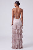 Blush Sequins Strapless Tiered Ruffled Keyhole Long Ball Dress with Side Slit