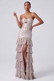 Blush Sequins Strapless Tiered Ruffled Keyhole Long Ball Dress with Side Slit