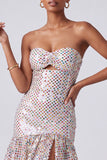 Blush Sequins Strapless Tiered Ruffled Keyhole Long Ball Dress with Side Slit