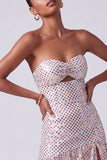 Blush Sequins Strapless Tiered Ruffled Keyhole Long Ball Dress with Side Slit