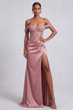 Dusty Rose Corset Off the Shoulder Satin Sheath Sequins Long Ball Dress with Beading