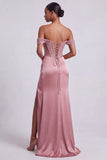 Dusty Rose Corset Off the Shoulder Satin Sheath Sequins Long Ball Dress with Beading