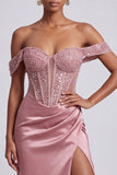 Dusty Rose Corset Off the Shoulder Satin Sheath Sequins Long Ball Dress with Beading