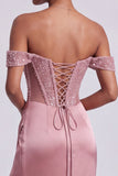 Dusty Rose Corset Off the Shoulder Satin Sheath Sequins Long Ball Dress with Beading