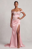 Pink Sheath Off the Shoulder Ruched Satin Floral Embroidery Long Ball Dress with Slit