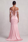 Pink Sheath Off the Shoulder Ruched Satin Floral Embroidery Long Ball Dress with Slit