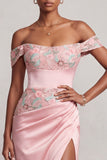 Pink Sheath Off the Shoulder Ruched Satin Floral Embroidery Long Ball Dress with Slit