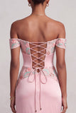 Pink Sheath Off the Shoulder Ruched Satin Floral Embroidery Long Ball Dress with Slit