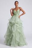Light Green A-Line Spaghetti Straps Tiered Sequins Long Ball Dress with Appliques