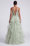 Light Green A-Line Spaghetti Straps Tiered Sequins Long Ball Dress with Appliques