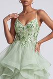 Light Green A-Line Spaghetti Straps Tiered Sequins Long Ball Dress with Appliques