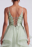 Light Green A-Line Spaghetti Straps Tiered Sequins Long Ball Dress with Appliques
