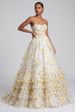 Light Yellow Corset Strapless Tiered Ruffled Long Ball Dress with Floral Appliques