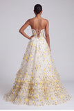 Light Yellow Corset Strapless Tiered Ruffled Long Ball Dress with Floral Appliques