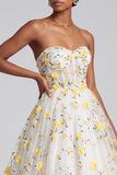 Light Yellow Corset Strapless Tiered Ruffled Long Ball Dress with Floral Appliques