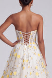 Light Yellow Corset Strapless Tiered Ruffled Long Ball Dress with Floral Appliques