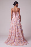 Satin Pink Corset Appliques Pearls A-Line Strapless Long Ball Dress