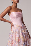Satin Pink Corset Appliques Pearls A-Line Strapless Long Ball Dress
