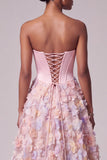 Satin Pink Corset Appliques Pearls A-Line Strapless Long Ball Dress