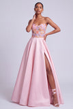 Pink Satin Strapless Floral Appliques A-Line Long Ball Dress with Side Slit
