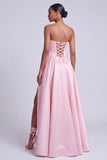 Pink Satin Strapless Floral Appliques A-Line Long Ball Dress with Side Slit