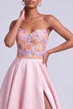 Pink Satin Strapless Floral Appliques A-Line Long Ball Dress with Side Slit