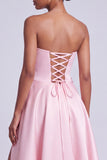 Pink Satin Strapless Floral Appliques A-Line Long Ball Dress with Side Slit