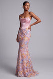 Corset Pink Strapless Satin Mermaid Pearls Floral Appliques Long Ball Dress