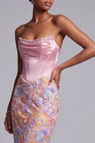Corset Pink Strapless Satin Mermaid Pearls Floral Appliques Long Ball Dress
