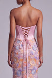 Corset Pink Strapless Satin Mermaid Pearls Floral Appliques Long Ball Dress