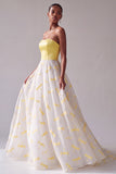 Yellow Satin A-Line Strapless Jacquard Long Ball Dress
