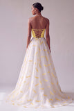 Yellow Satin A-Line Strapless Jacquard Long Ball Dress