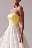 Yellow Satin A-Line Strapless Jacquard Long Ball Dress