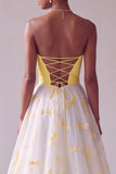 Yellow Satin A-Line Strapless Jacquard Long Ball Dress