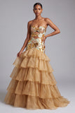 Gold Cut Out Strapless Tiered Ruffled Organza Sequins Long Ball Dress